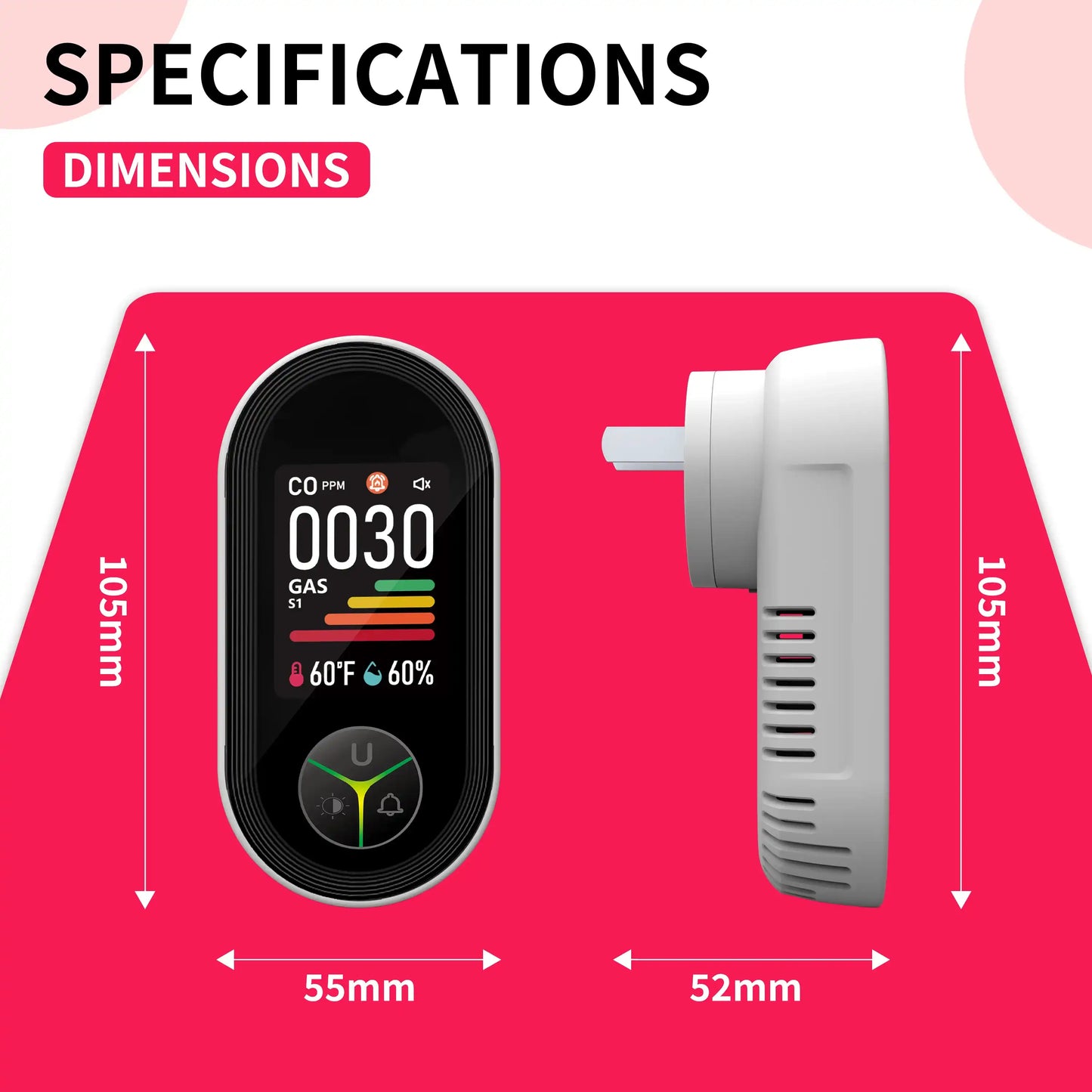 Wall-mounted carbon monoxide detector with integrated triple-sensor monitoring unit, featuring temperature and humidity sensors