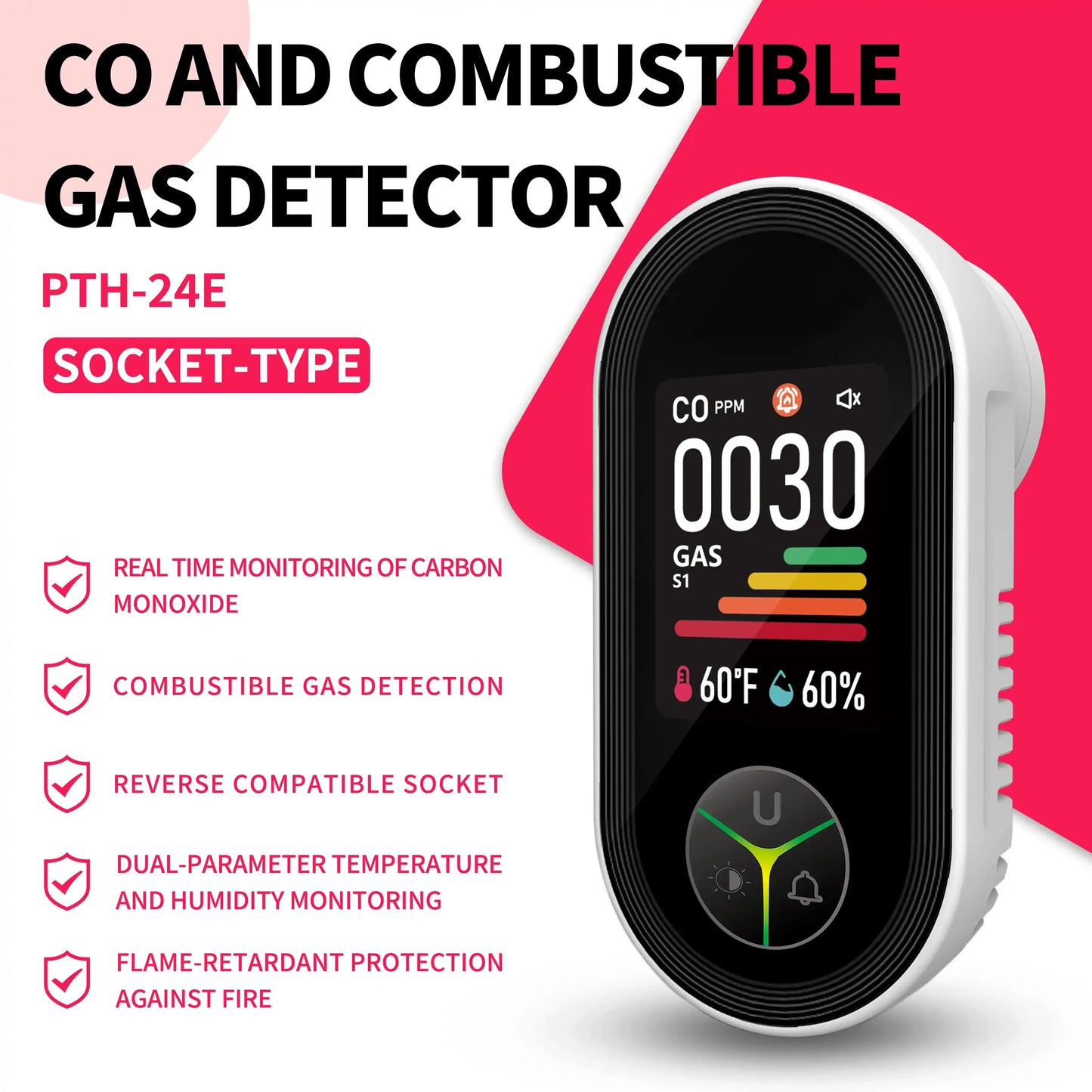 Wall-mounted carbon monoxide detector with integrated triple-sensor monitoring unit, featuring temperature and humidity sensors