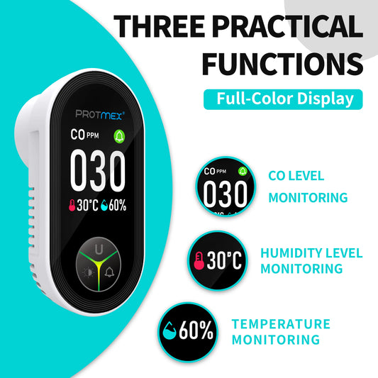 Wall-mounted carbon monoxide detector with integrated triple-sensor monitoring unit, featuring temperature and humidity sensors