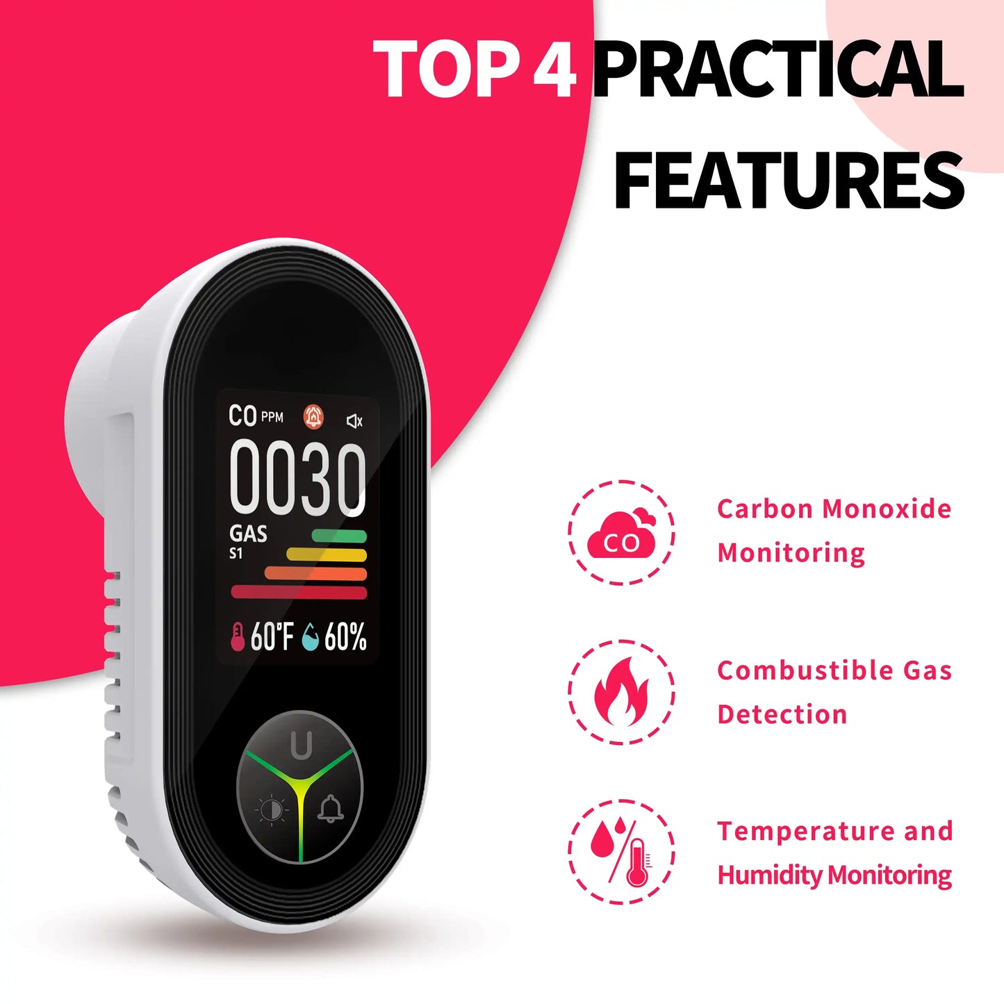 Wall-mounted carbon monoxide detector with integrated triple-sensor monitoring unit, featuring temperature and humidity sensors