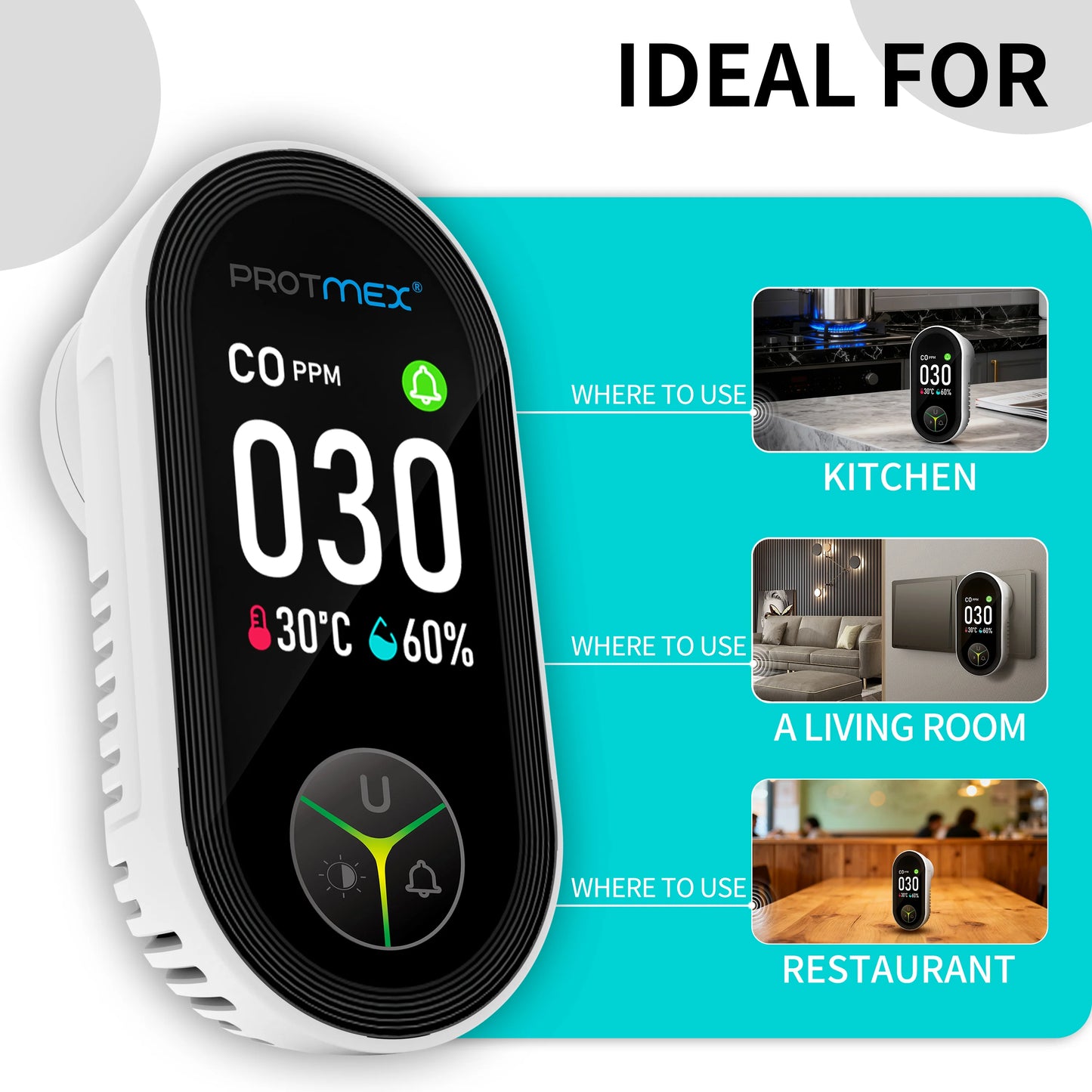 Wall-mounted carbon monoxide detector with integrated triple-sensor monitoring unit, featuring temperature and humidity sensors