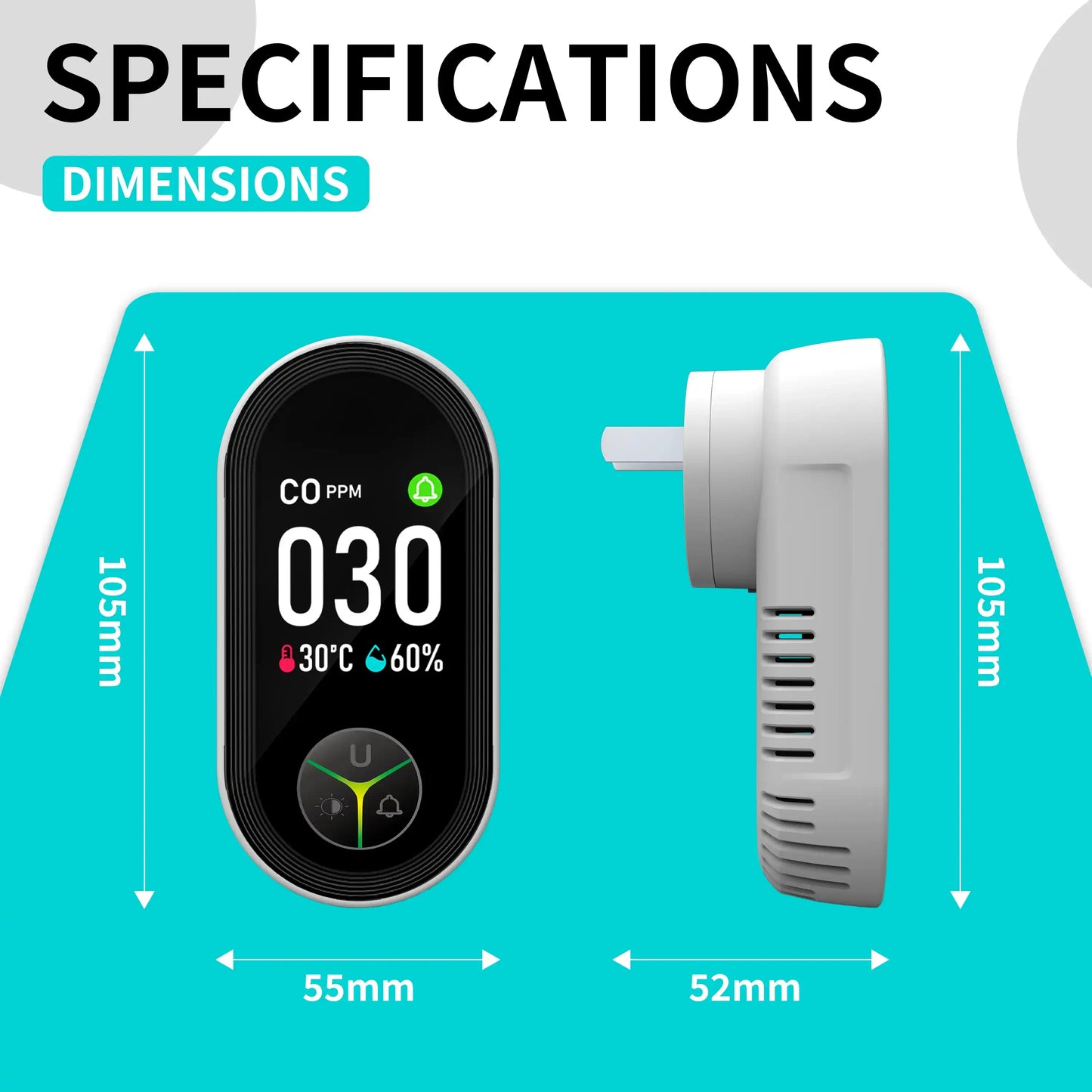 Wall-mounted carbon monoxide detector with integrated triple-sensor monitoring unit, featuring temperature and humidity sensors